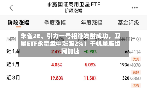 朱雀2E、引力一号相继发射成功，卫星ETF永赢盘中涨超2%！千帆星座组网加速